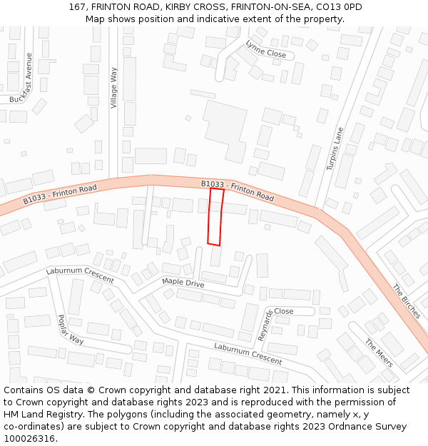 167, FRINTON ROAD, KIRBY CROSS, FRINTON-ON-SEA, CO13 0PD: Location map and indicative extent of plot