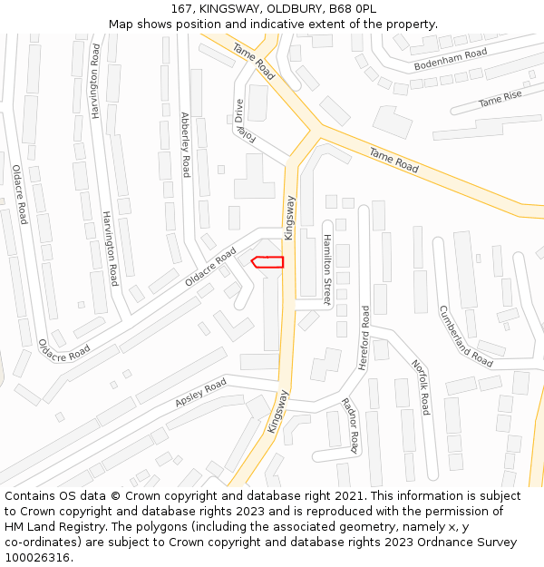 167, KINGSWAY, OLDBURY, B68 0PL: Location map and indicative extent of plot