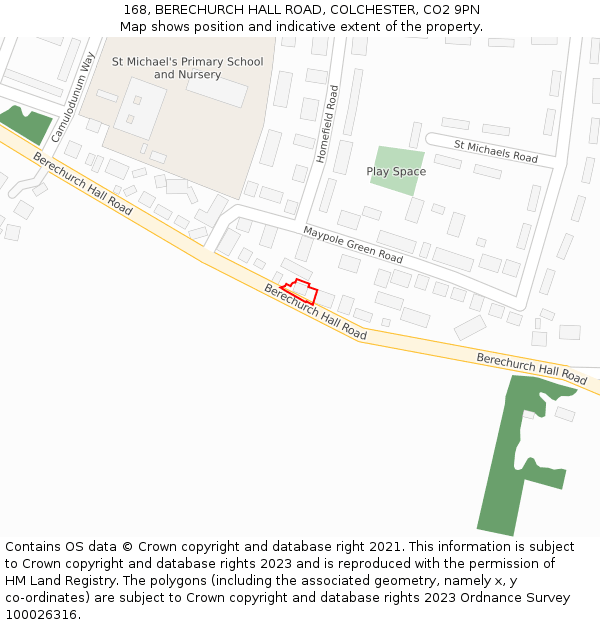 168, BERECHURCH HALL ROAD, COLCHESTER, CO2 9PN: Location map and indicative extent of plot