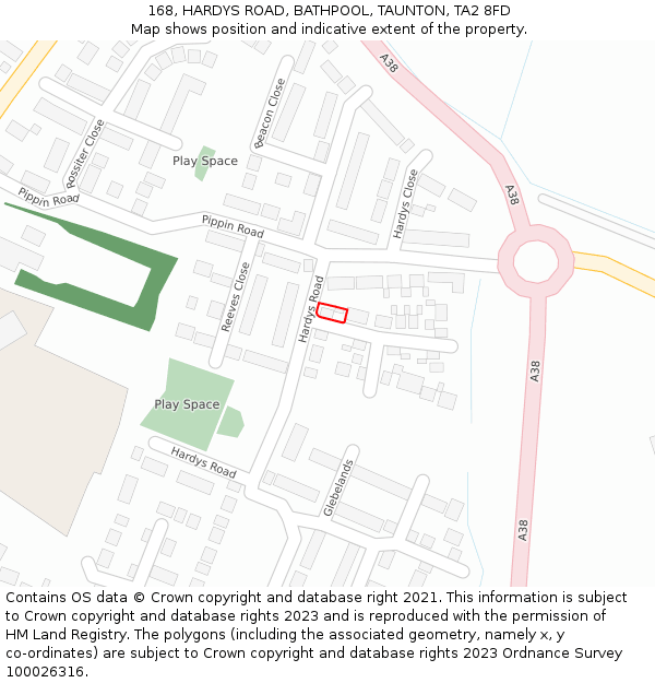 168, HARDYS ROAD, BATHPOOL, TAUNTON, TA2 8FD: Location map and indicative extent of plot