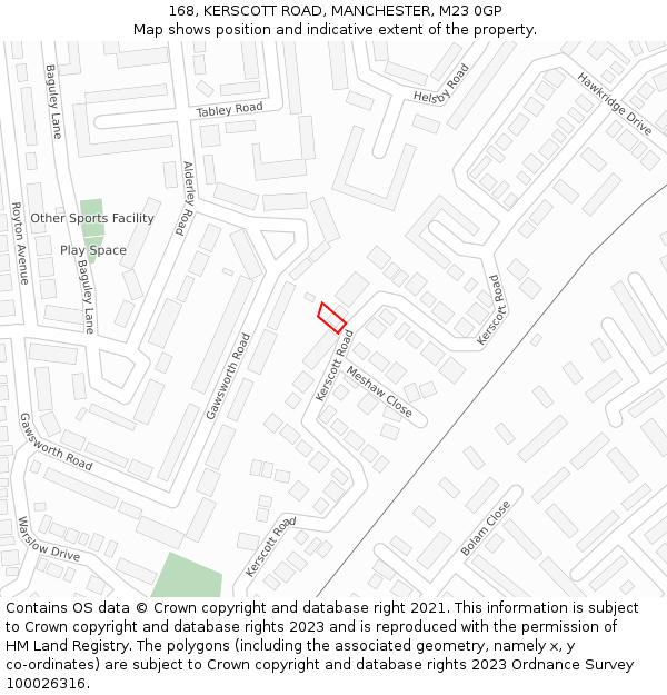 168, KERSCOTT ROAD, MANCHESTER, M23 0GP: Location map and indicative extent of plot