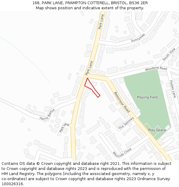 168, PARK LANE, FRAMPTON COTTERELL, BRISTOL, BS36 2ER: Location map and indicative extent of plot