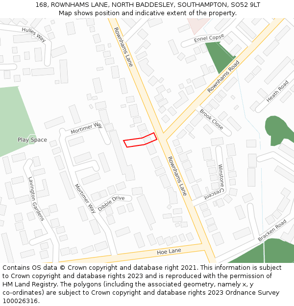 168, ROWNHAMS LANE, NORTH BADDESLEY, SOUTHAMPTON, SO52 9LT: Location map and indicative extent of plot