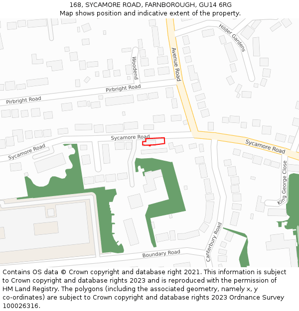 168, SYCAMORE ROAD, FARNBOROUGH, GU14 6RG: Location map and indicative extent of plot