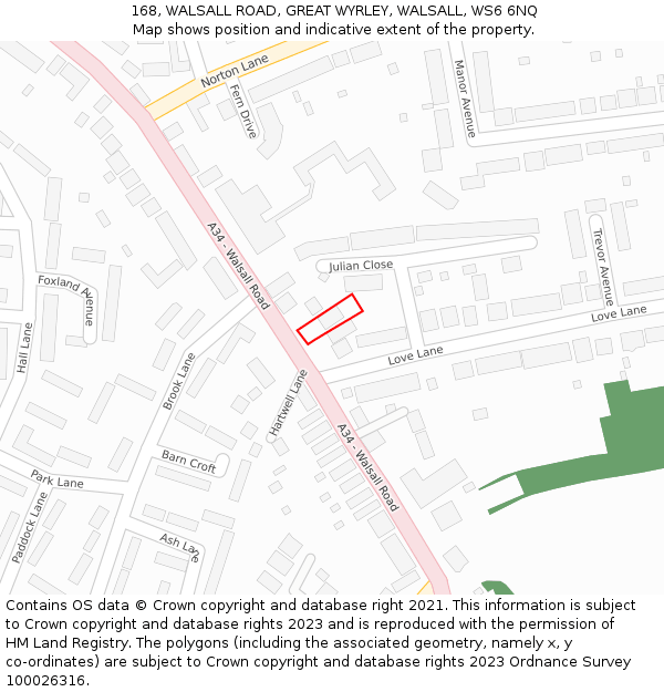 168, WALSALL ROAD, GREAT WYRLEY, WALSALL, WS6 6NQ: Location map and indicative extent of plot