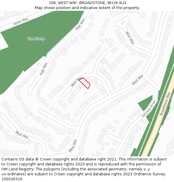 168, WEST WAY, BROADSTONE, BH18 9LN: Location map and indicative extent of plot