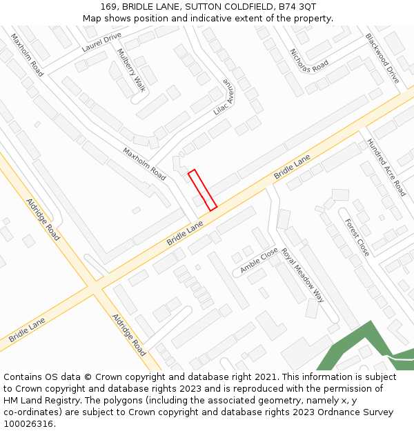 169, BRIDLE LANE, SUTTON COLDFIELD, B74 3QT: Location map and indicative extent of plot