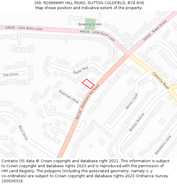 169, ROSEMARY HILL ROAD, SUTTON COLDFIELD, B74 4HS: Location map and indicative extent of plot