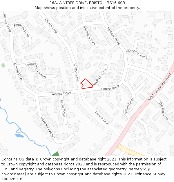 16A, AINTREE DRIVE, BRISTOL, BS16 6SR: Location map and indicative extent of plot