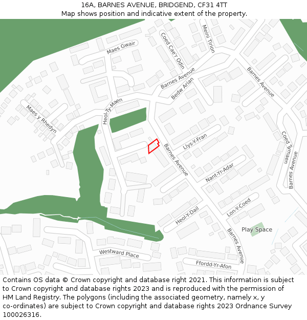 16A, BARNES AVENUE, BRIDGEND, CF31 4TT: Location map and indicative extent of plot
