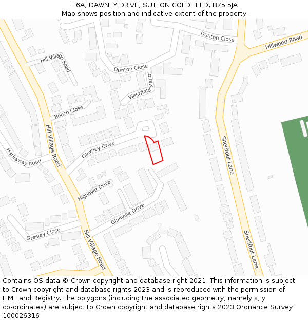 16A, DAWNEY DRIVE, SUTTON COLDFIELD, B75 5JA: Location map and indicative extent of plot