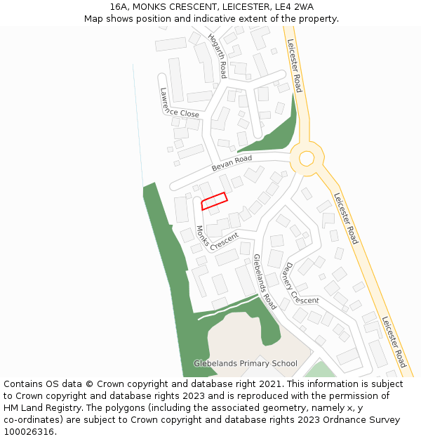 16A, MONKS CRESCENT, LEICESTER, LE4 2WA: Location map and indicative extent of plot