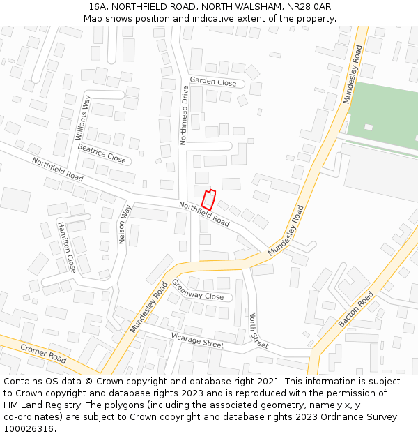 16A, NORTHFIELD ROAD, NORTH WALSHAM, NR28 0AR: Location map and indicative extent of plot