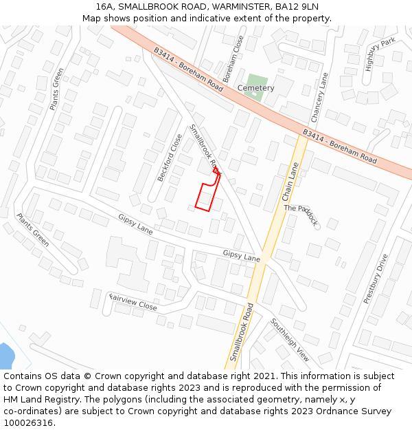 16A, SMALLBROOK ROAD, WARMINSTER, BA12 9LN: Location map and indicative extent of plot