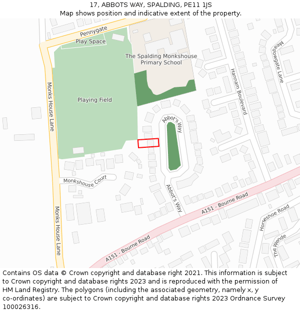 17, ABBOTS WAY, SPALDING, PE11 1JS: Location map and indicative extent of plot