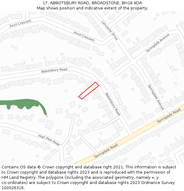 17, ABBOTSBURY ROAD, BROADSTONE, BH18 9DA: Location map and indicative extent of plot