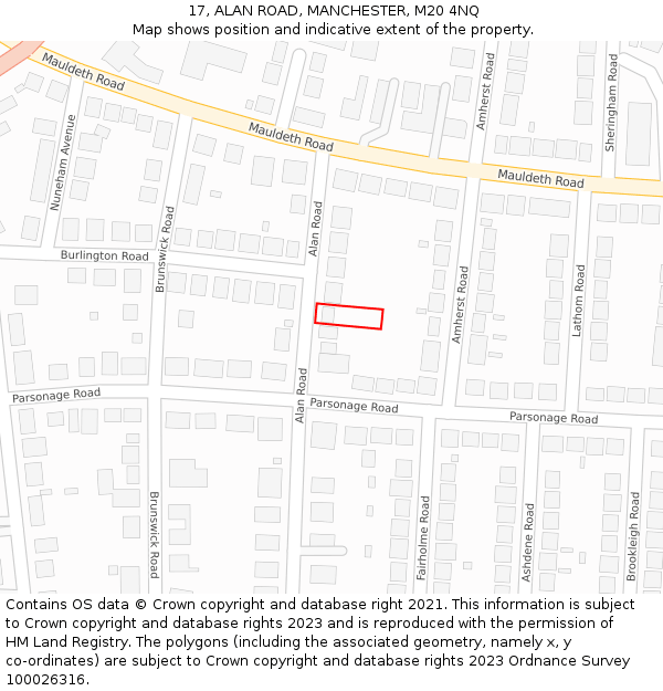 17, ALAN ROAD, MANCHESTER, M20 4NQ: Location map and indicative extent of plot