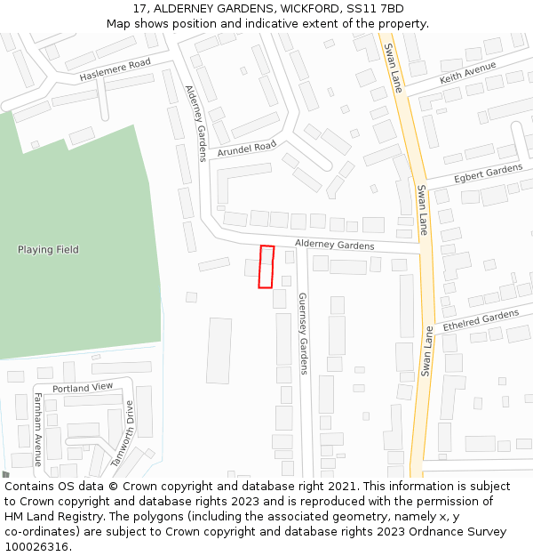 17, ALDERNEY GARDENS, WICKFORD, SS11 7BD: Location map and indicative extent of plot