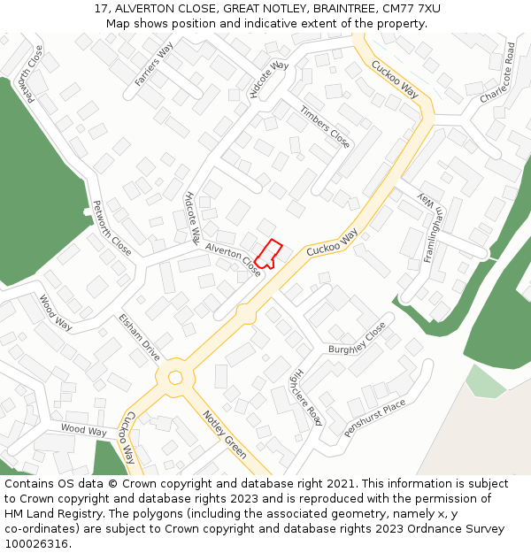 17, ALVERTON CLOSE, GREAT NOTLEY, BRAINTREE, CM77 7XU: Location map and indicative extent of plot