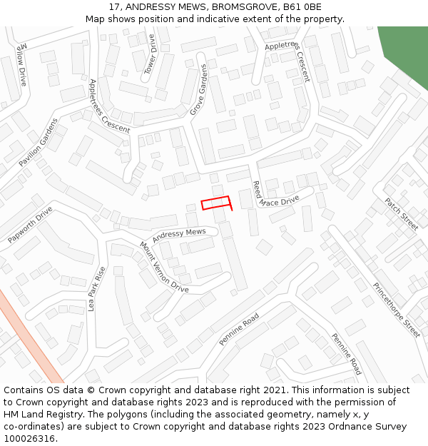 17, ANDRESSY MEWS, BROMSGROVE, B61 0BE: Location map and indicative extent of plot