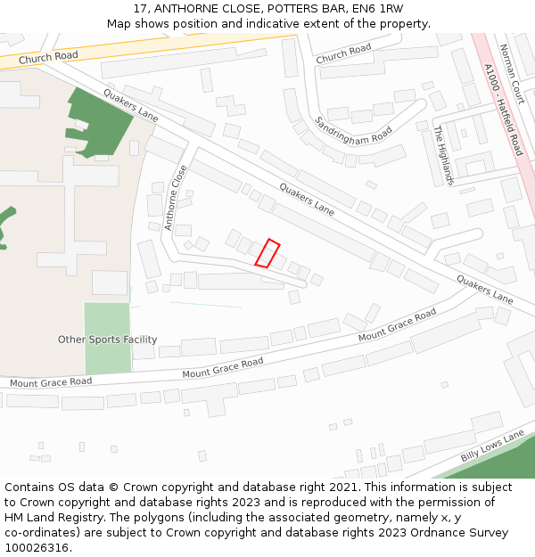 17, ANTHORNE CLOSE, POTTERS BAR, EN6 1RW: Location map and indicative extent of plot