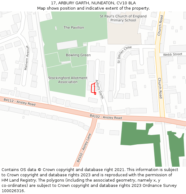 17, ARBURY GARTH, NUNEATON, CV10 8LA: Location map and indicative extent of plot