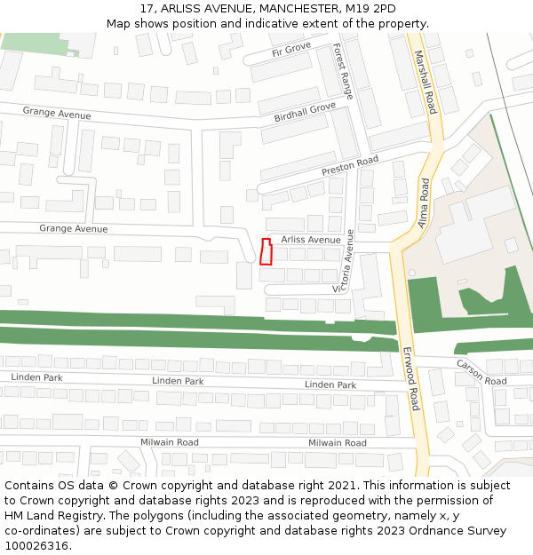 17, ARLISS AVENUE, MANCHESTER, M19 2PD: Location map and indicative extent of plot