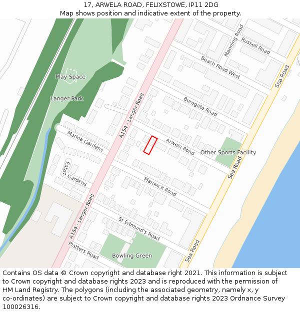 17, ARWELA ROAD, FELIXSTOWE, IP11 2DG: Location map and indicative extent of plot