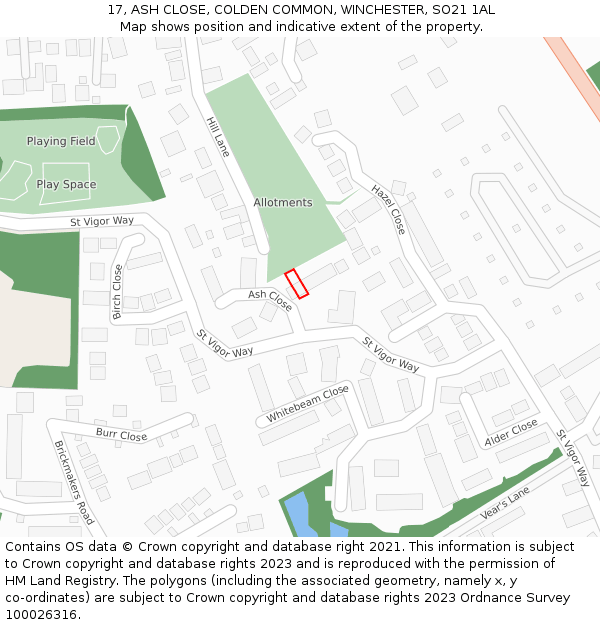 17, ASH CLOSE, COLDEN COMMON, WINCHESTER, SO21 1AL: Location map and indicative extent of plot