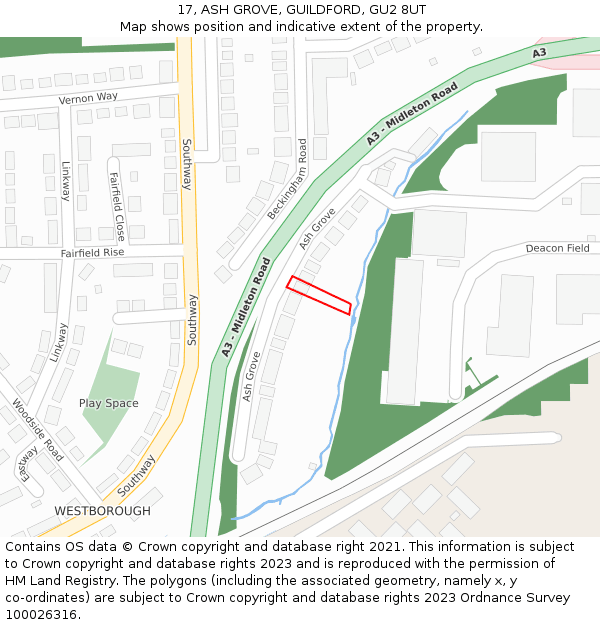 17, ASH GROVE, GUILDFORD, GU2 8UT: Location map and indicative extent of plot