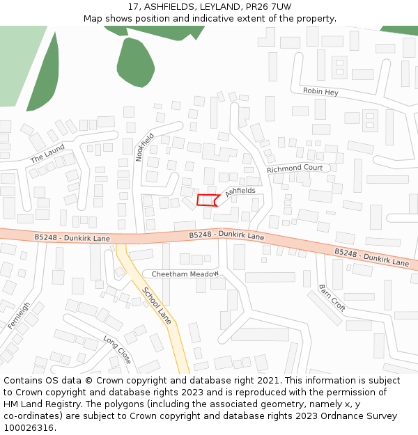 17, ASHFIELDS, LEYLAND, PR26 7UW: Location map and indicative extent of plot