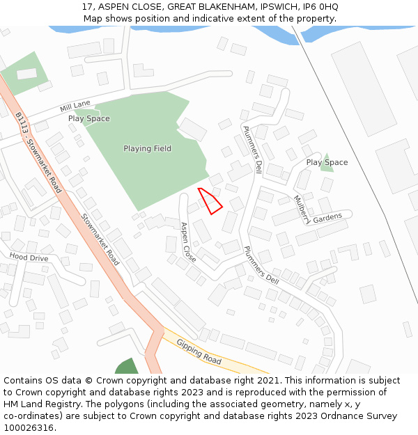 17, ASPEN CLOSE, GREAT BLAKENHAM, IPSWICH, IP6 0HQ: Location map and indicative extent of plot