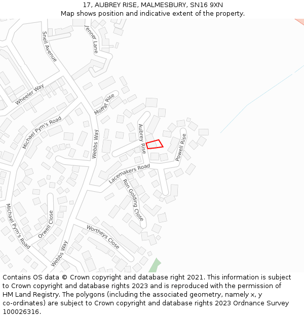 17, AUBREY RISE, MALMESBURY, SN16 9XN: Location map and indicative extent of plot