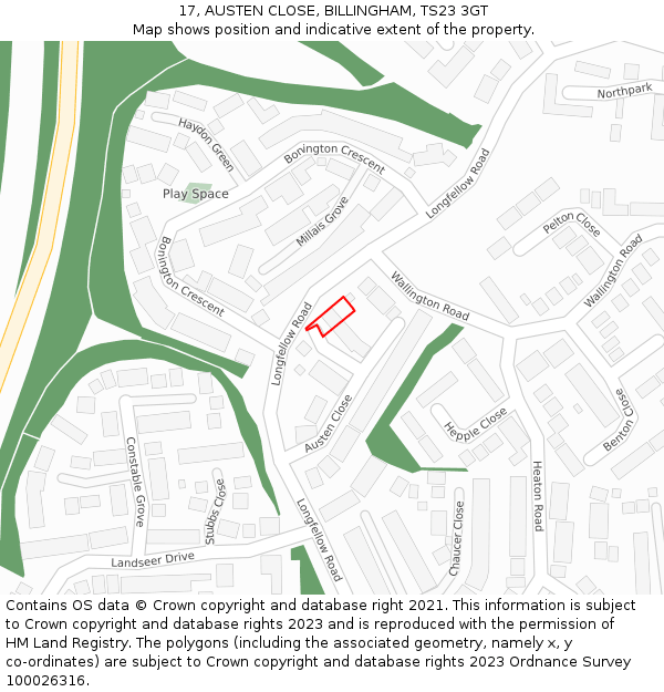 17, AUSTEN CLOSE, BILLINGHAM, TS23 3GT: Location map and indicative extent of plot
