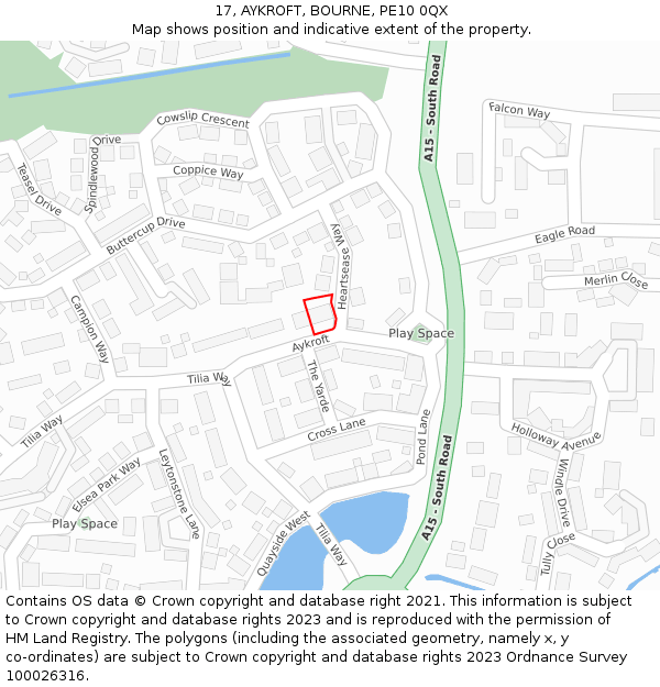 17, AYKROFT, BOURNE, PE10 0QX: Location map and indicative extent of plot