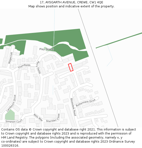 17, AYSGARTH AVENUE, CREWE, CW1 4QE: Location map and indicative extent of plot