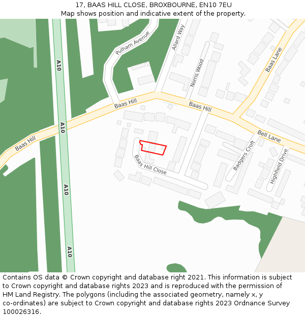 17, BAAS HILL CLOSE, BROXBOURNE, EN10 7EU: Location map and indicative extent of plot