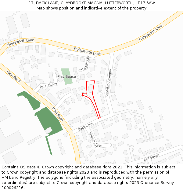 17, BACK LANE, CLAYBROOKE MAGNA, LUTTERWORTH, LE17 5AW: Location map and indicative extent of plot