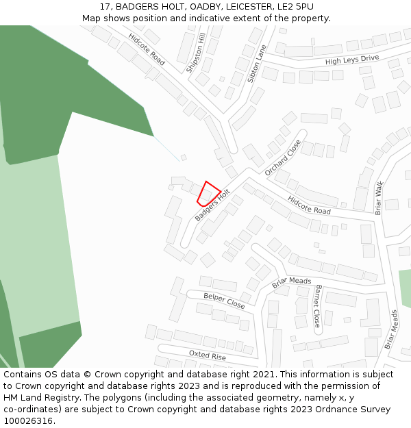 17, BADGERS HOLT, OADBY, LEICESTER, LE2 5PU: Location map and indicative extent of plot