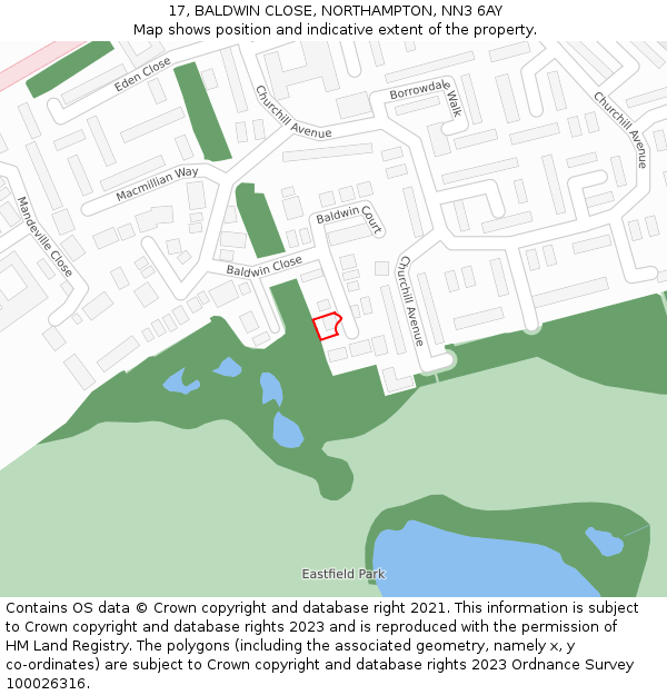 17, BALDWIN CLOSE, NORTHAMPTON, NN3 6AY: Location map and indicative extent of plot