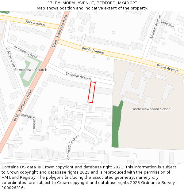 17, BALMORAL AVENUE, BEDFORD, MK40 2PT: Location map and indicative extent of plot