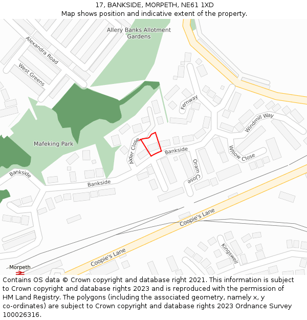 17, BANKSIDE, MORPETH, NE61 1XD: Location map and indicative extent of plot