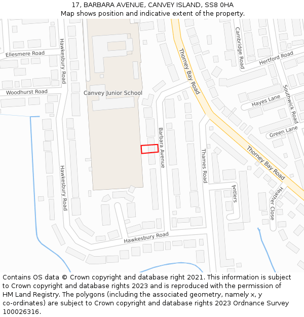 17, BARBARA AVENUE, CANVEY ISLAND, SS8 0HA: Location map and indicative extent of plot