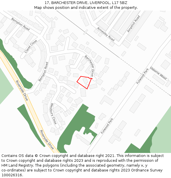 17, BARCHESTER DRIVE, LIVERPOOL, L17 5BZ: Location map and indicative extent of plot