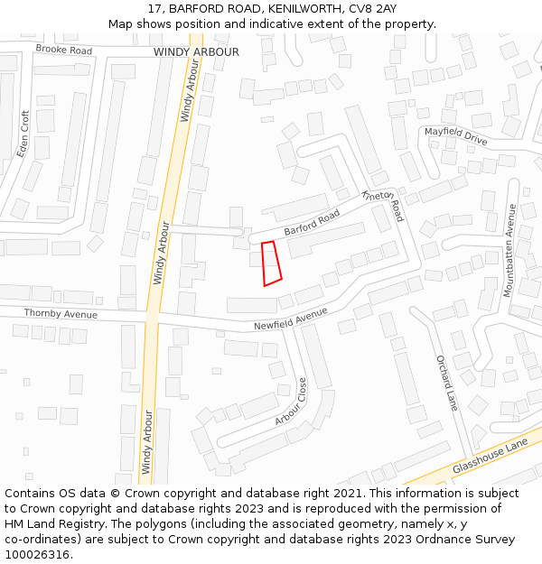 17, BARFORD ROAD, KENILWORTH, CV8 2AY: Location map and indicative extent of plot