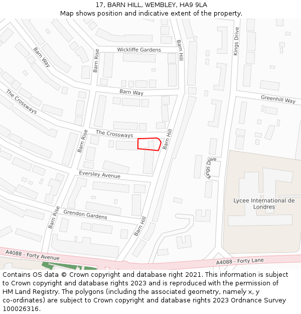 17, BARN HILL, WEMBLEY, HA9 9LA: Location map and indicative extent of plot