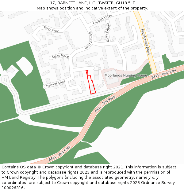 17, BARNETT LANE, LIGHTWATER, GU18 5LE: Location map and indicative extent of plot