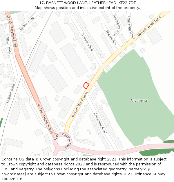 17, BARNETT WOOD LANE, LEATHERHEAD, KT22 7DT: Location map and indicative extent of plot