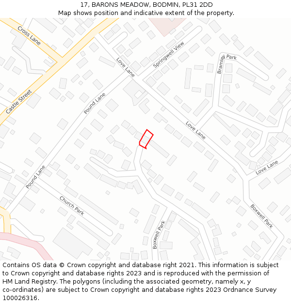 17, BARONS MEADOW, BODMIN, PL31 2DD: Location map and indicative extent of plot