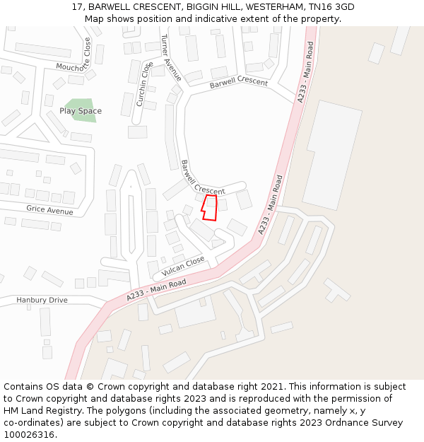 17, BARWELL CRESCENT, BIGGIN HILL, WESTERHAM, TN16 3GD: Location map and indicative extent of plot